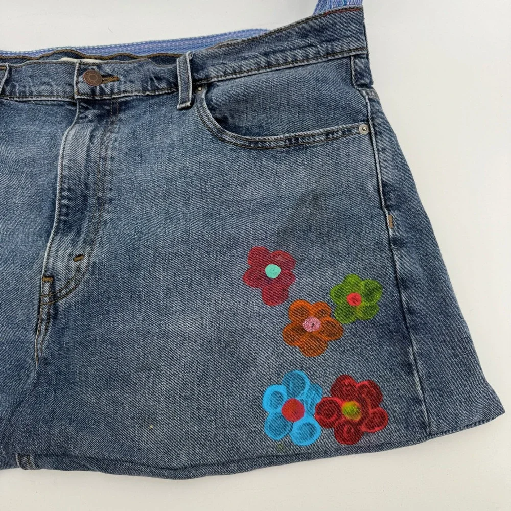 Handmade Levi's Denim Shoulder Bag OOAK Rework Jeans Purse Floral Boho Large 26